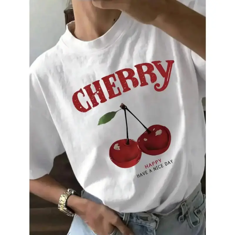 100% Cotton Women's Round Neck Short-Sleeve Cherry & Letter Print Lightweight T-Shirt, Full Size Range Including XXXXL, Casual Sports Top for Spring