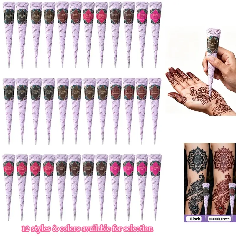 DM 12-piece plant-extracted henna tattoo paste set, made of natural mild ingredients gentle on skin, create various Arm Temporary Tattoos, long-lasting color with waterproof finish, portable kit for DIY body painting suitable for parties