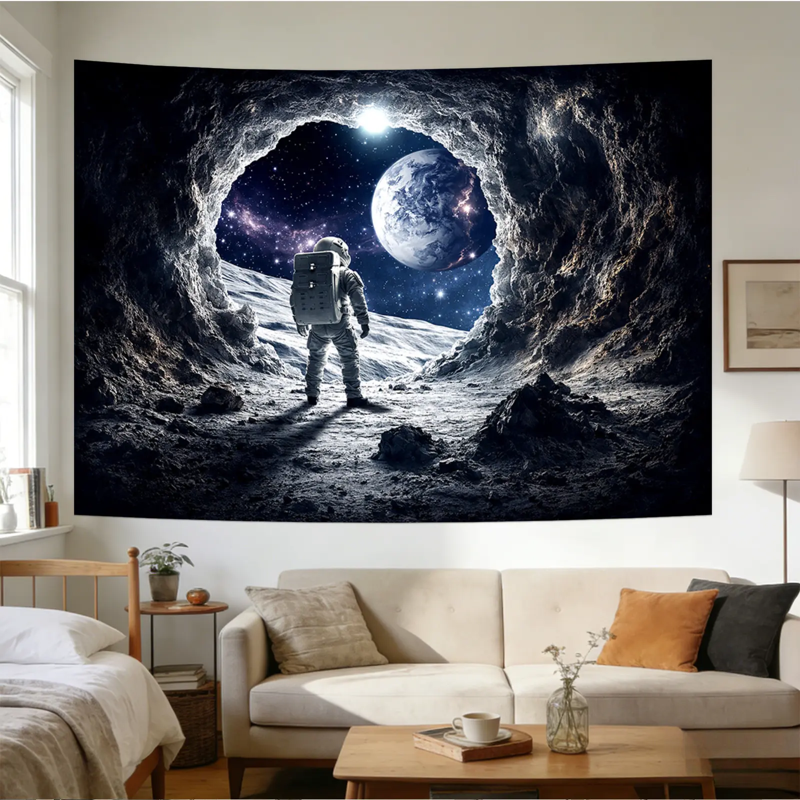 Pattern Printed Tapestry- Astronaut, Cave, Moon, Stars, Planet., Room Wall Decoration, Non-luminous, Suitable for, Living Room