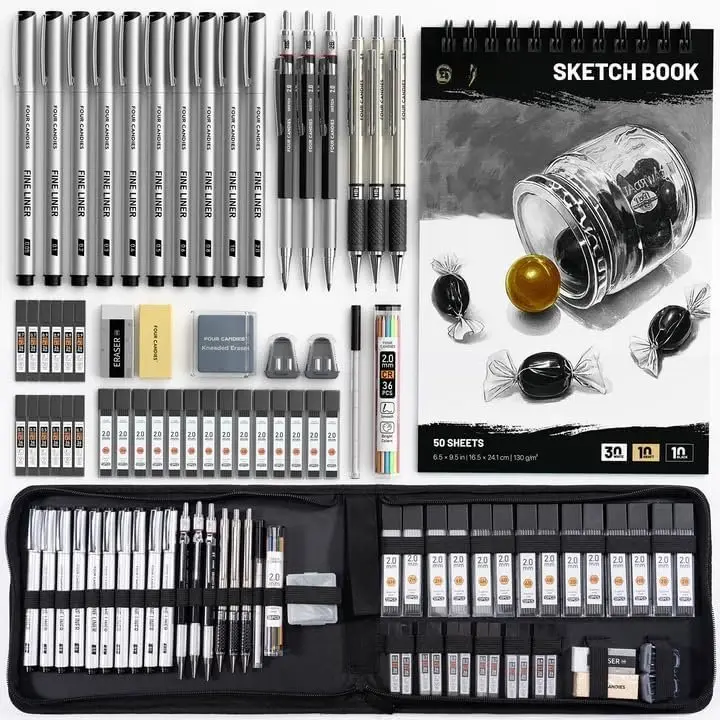 52 count Art Supplies Sketching Drawing Kit for Beginners Teens | 10 Micron Fineliner Pens, 6 Drafting Mechanical Pencils,3-Color Sketchbook,27 Lead Refills,School Supplies for Adults