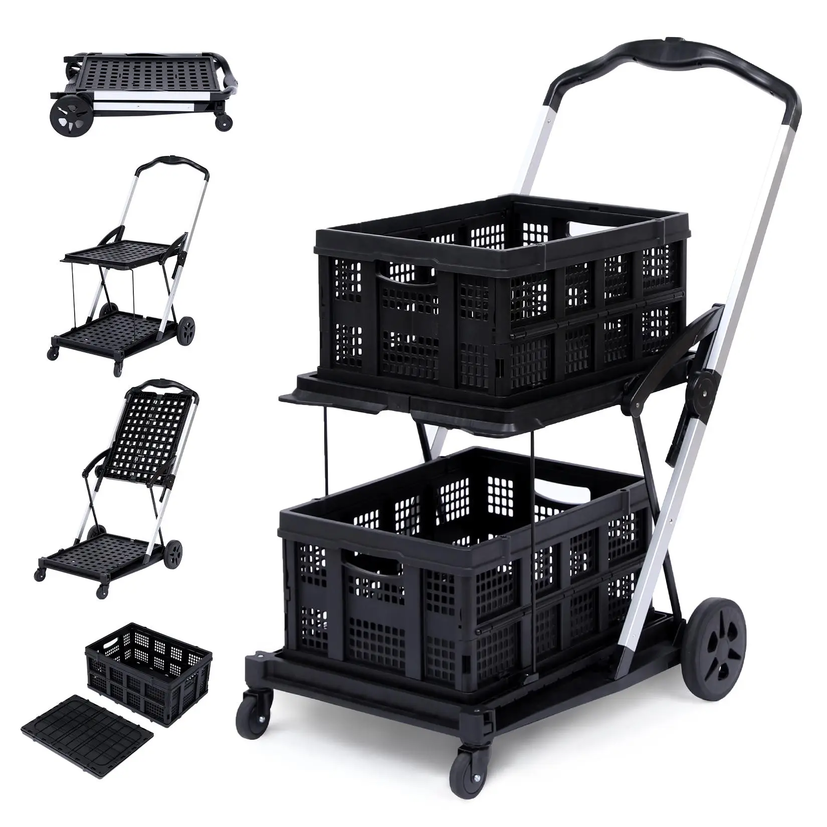 360 Rolling Utility Cart with Wheels Folding Shopping Cart Heavy Duty 2 Tier Metal Grocery Cart Foldable Hand Truck Platform Cart Mobile Organizer Storage Cart with Brake for Office Apartment Home Garage Package