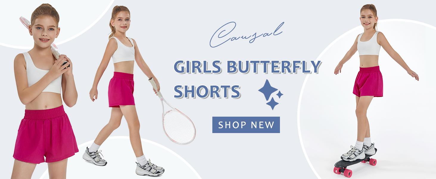 Girls Athletic Shorts High Waist Elastic 2 in 1 Running Shorts with Side Pockets 5-14 Years
