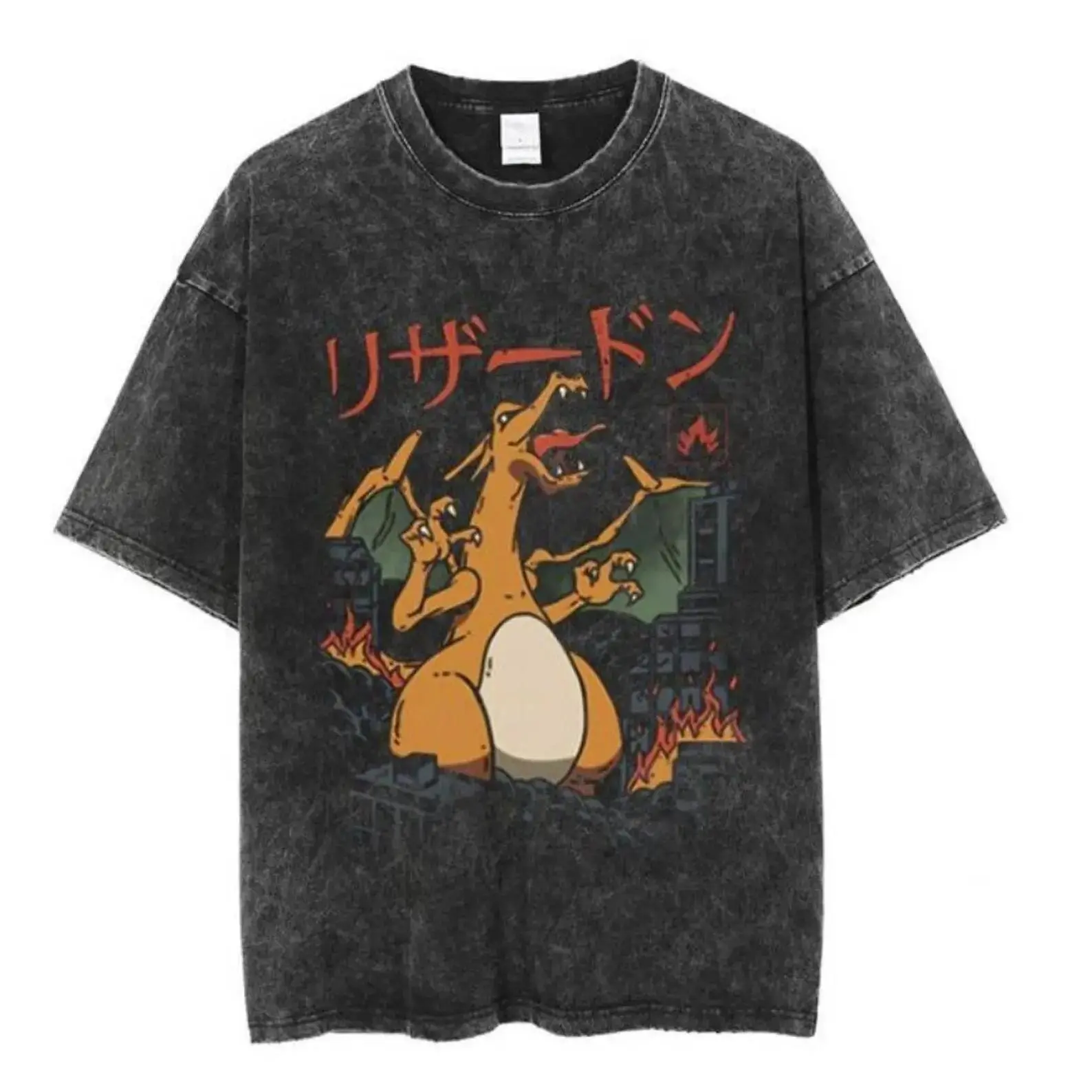 Charizard Anime Japanese Mineral Wash T-Oversized Tee, Graphic Tee, Gifts for Him, Birthday, Christmas Gift, Crewneck Menswear, Mens Clothing, Tee