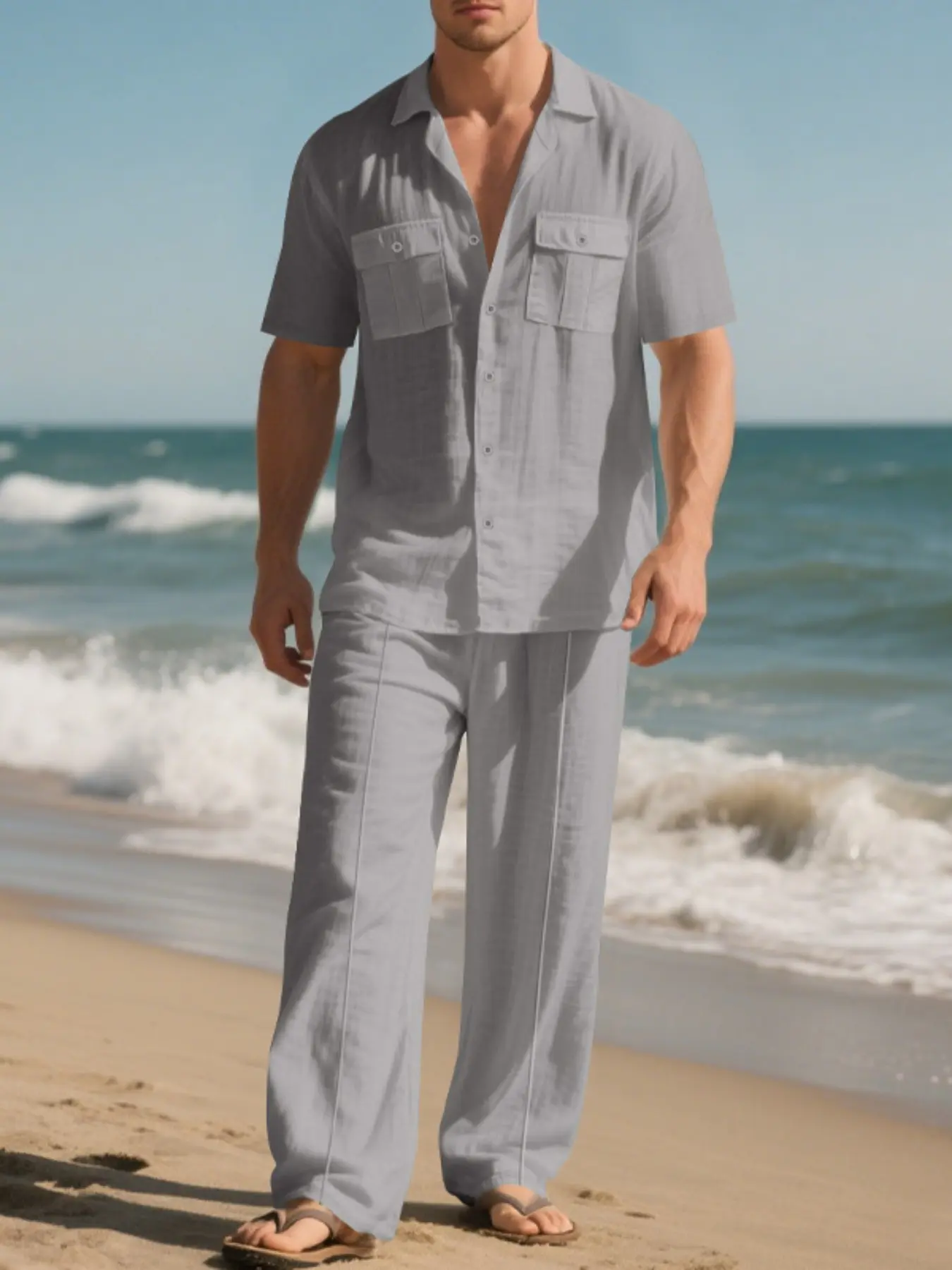 Men's linen Cuban collar short-sleeved Trouser pants set - double chest pockets - casual vacation style lightweight outfit - breathable, loose and smooth fit - versatile for daily commuting and outings - Menswear Clothes
