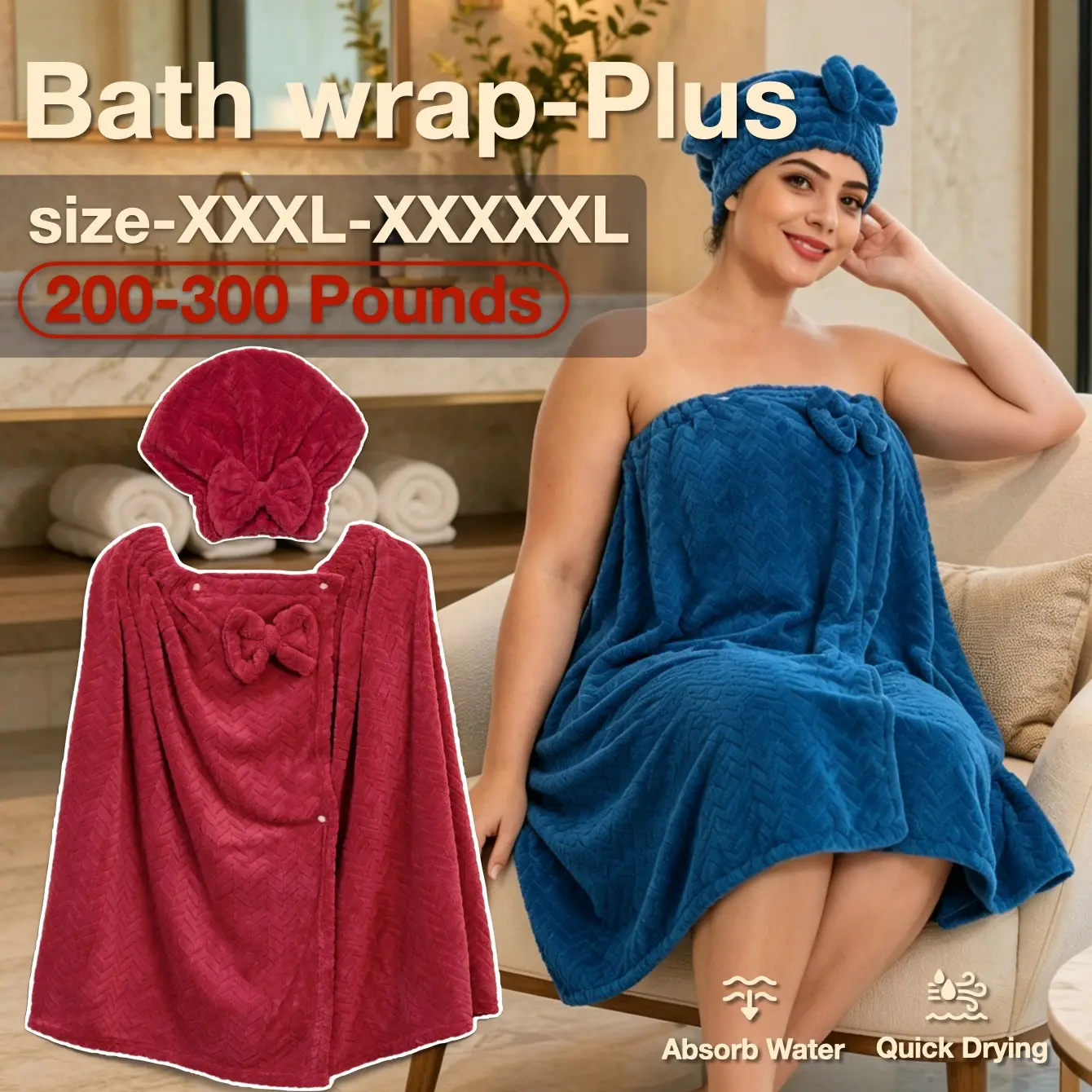 2 Piece Set Ultra Large Bath Robe Wrap & Princess Shower Cap, Adjustable M-Xxxxl, Thick Coral Fleece, Soft & Absorbent, Ideal for Home Travel Spa