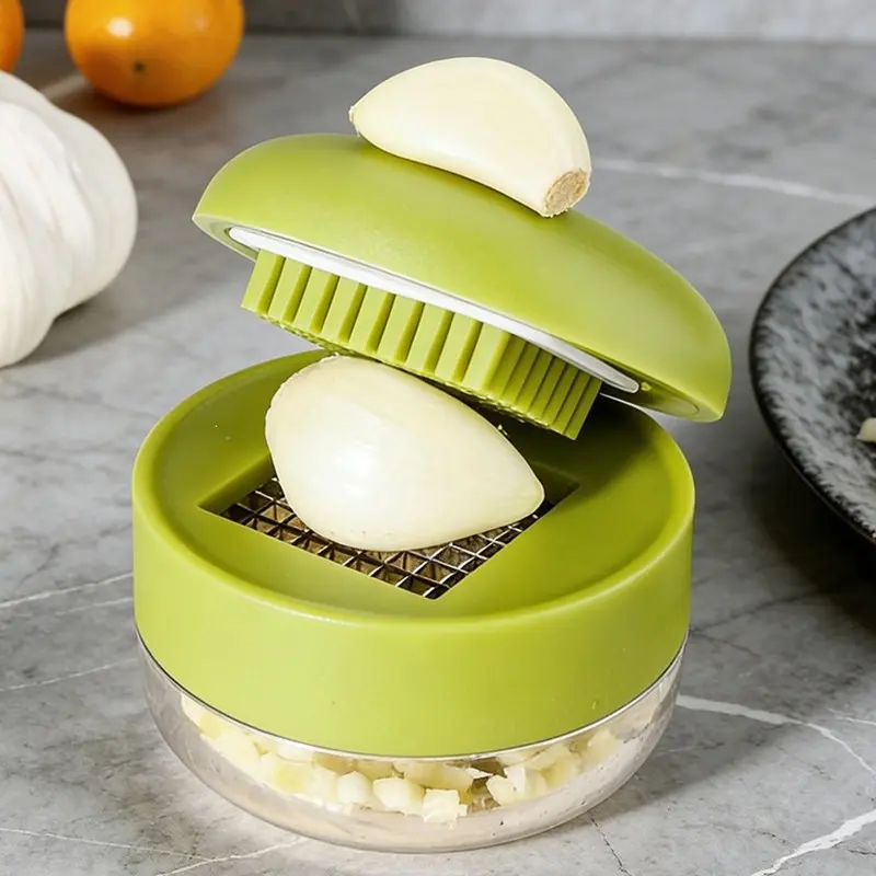 Garlic Press and Chopper with Container, Garlic Crusher and Mincer, Stainless Steel Blade Garlic Slicer, Manual Garlic Cutter for Kitchen Cooking and Food Prep
