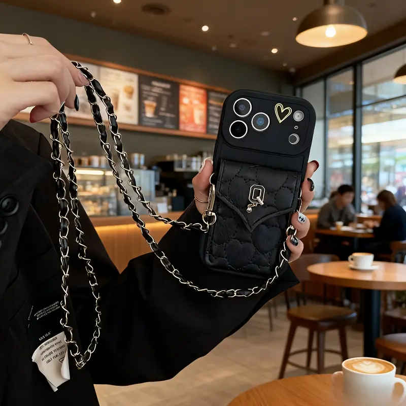 Fashionable Hollow Heart Crossbody Long Strap Card Holder Phone Case for Iphone 11 12 13 14 15 16 17 Pro Max Plus Air, Fully Protective Soft Shell for Drop Resistance, Phone Case With Chain, Phone Cases, Phone Cover, Cases
