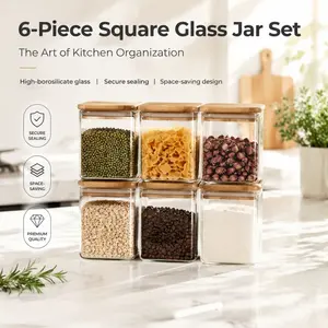 6-piece square glass jar set with bamboo lids and labels. Made of high-borosilicate glass, airtight for fresh-keeping and space-saving. Perfect for storing spices, grains, flour and other dry goods in the kitchen.