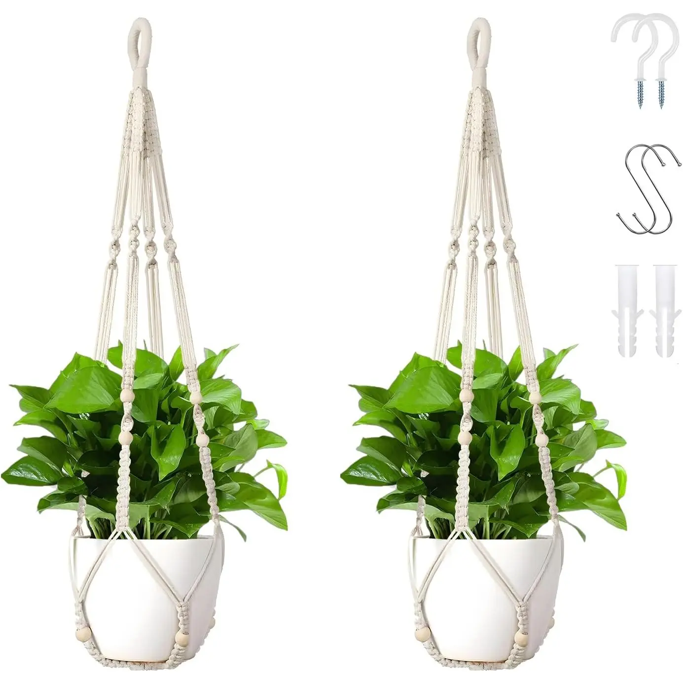 Macrame  Hanger Set of 2, 35 Inch Indoor  Planter with 4 Hooks, Macrame  Hangers for Pots, No Tassels Boho  Decor,  (Pots Not Included)