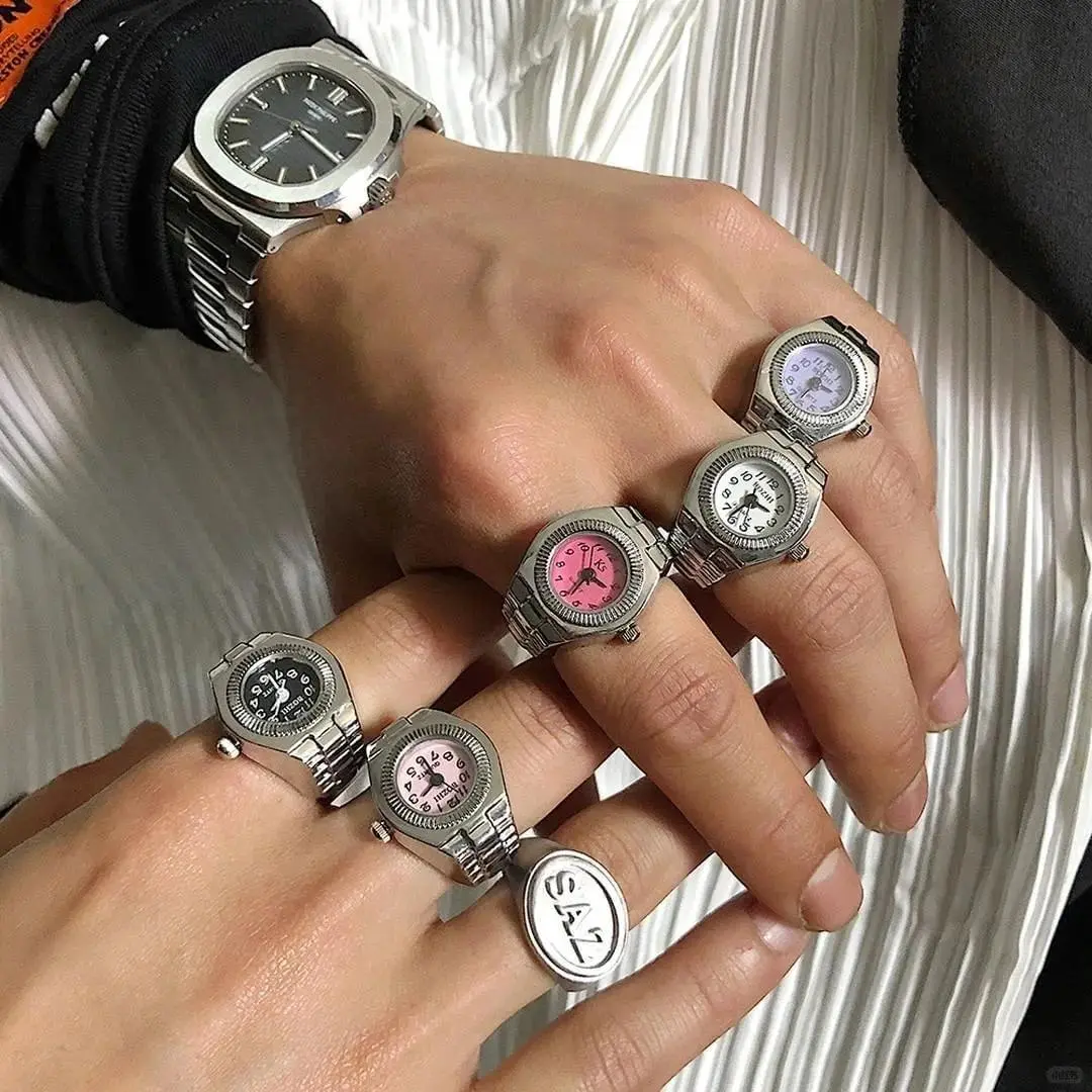 Simple Finger Watch Ring, Mini, Vintage, Sports Style, White, Non-Waterproof, Pointer Display, Aluminum Alloy Case, Quartz Movement, Electronic Drive, Zinc Alloy Strap, for Men, Women