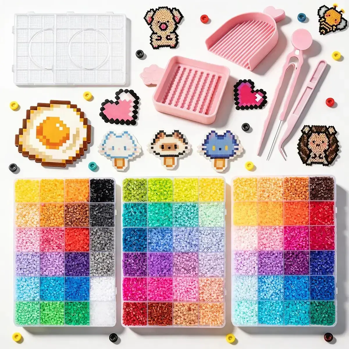 Varied Colors+Accessories Fuse Beads Kit - 3D Pixel Puzzle Melting Beads Set with Pegboards, Ironing Paper, Tweezers, Home School Crafting Kit for Girls, Teacher Appreciation & Graduation Party Gift