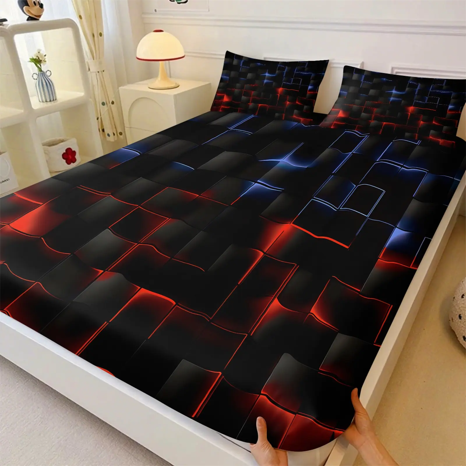 3-piece 3D Red Blue Glow Geometric Fitted Sheet Set (fitted sheet1 + Pillow cases2), 12 Inches Deep Pocket Machine Washable, Low Allergenic High Quality Mattress Cover for Bedrooms Dorm Rooms, HD Printed All-Season Cool Neon Room Decor