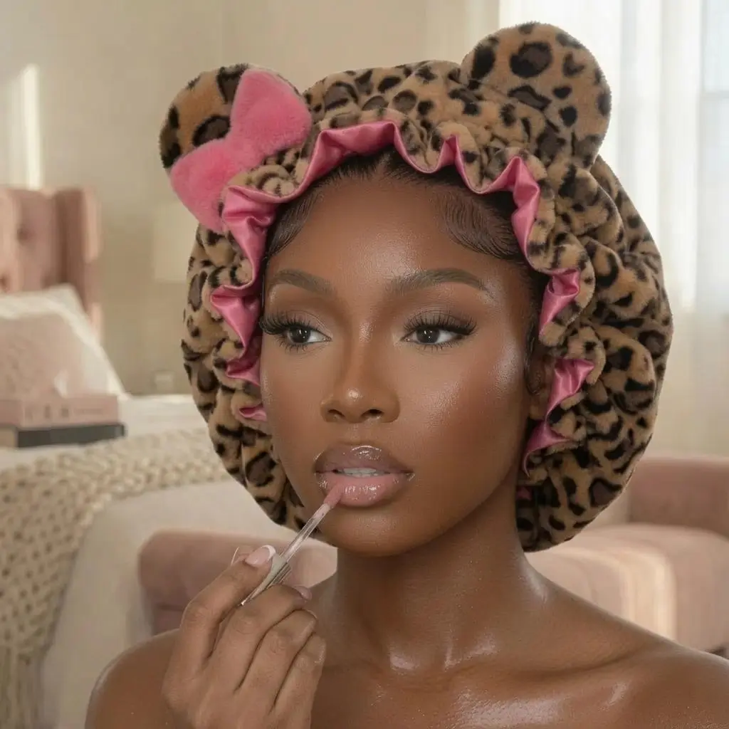 Luxury Teddy Material Hair Bonnet Hood - Leopard Print Pink Sleep Hair Wrap for Haircare, Styling, Ideal Women's Gift