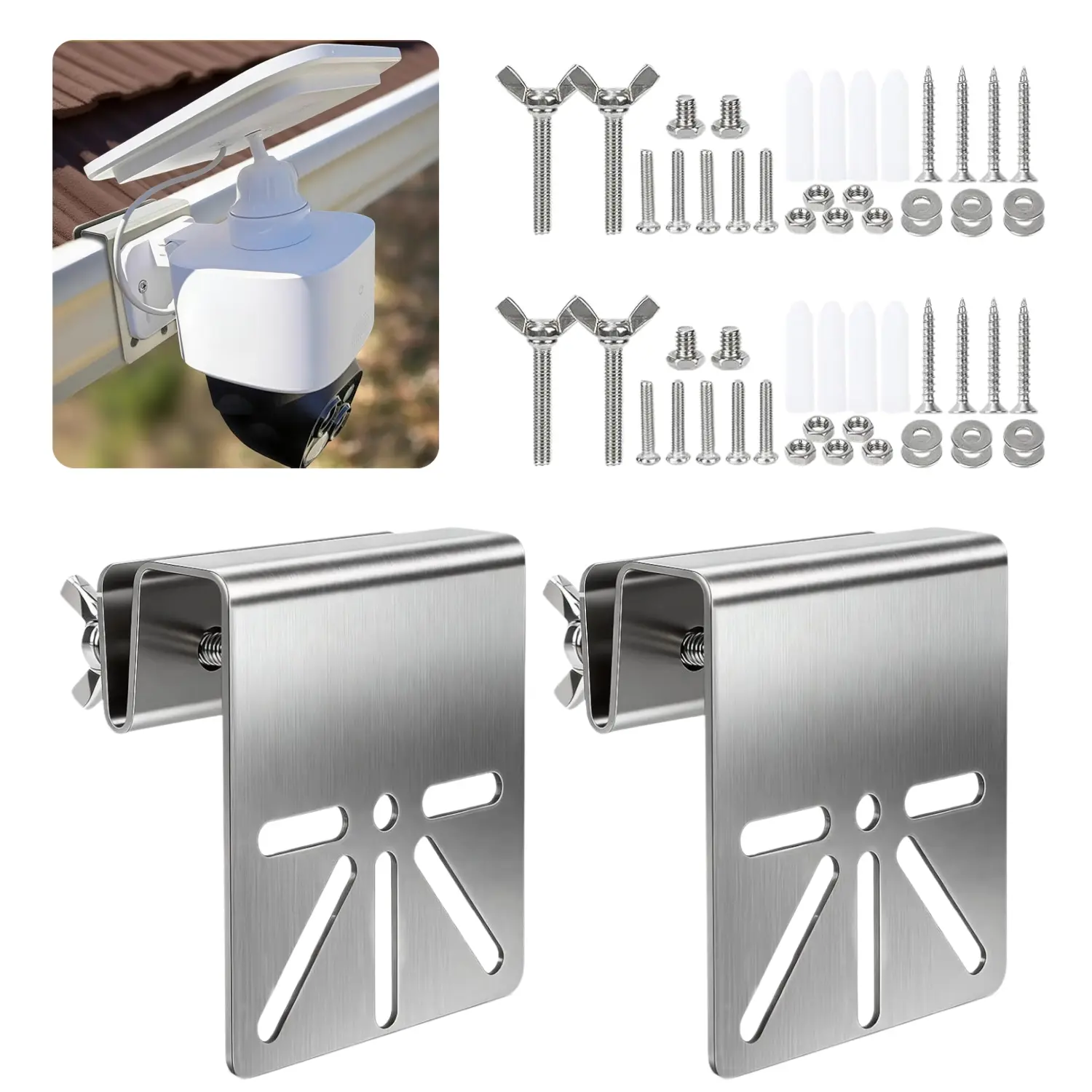 2 Sets Metal Gutter Mount Brackets for Cameras - No-Drill Outdoor Holder & Accessories with Anti-Rust Screws, for Wireless Connectivity Security Cameras & Systems, Home Security Use