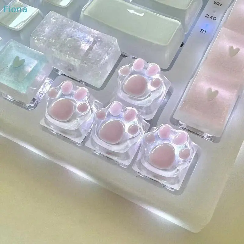 Cute Cat Paw Art Replacement Keycaps - Durable Transparent Resin Base Custom Keycaps for Mechanical Keyboards, Glowing Aesthetic Design, Fit for ESC/WASD Keys & Cross Shaft, 1× Keycap Set