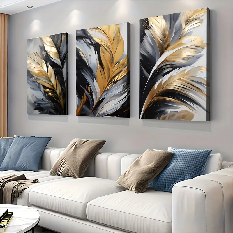 2D painting, three-piece framed abstract gold foil feather - Scandinavian modern style textured decorative painting, suitable for living room, bedroom, and hallway decoration - includes frame and mounted canvas art
