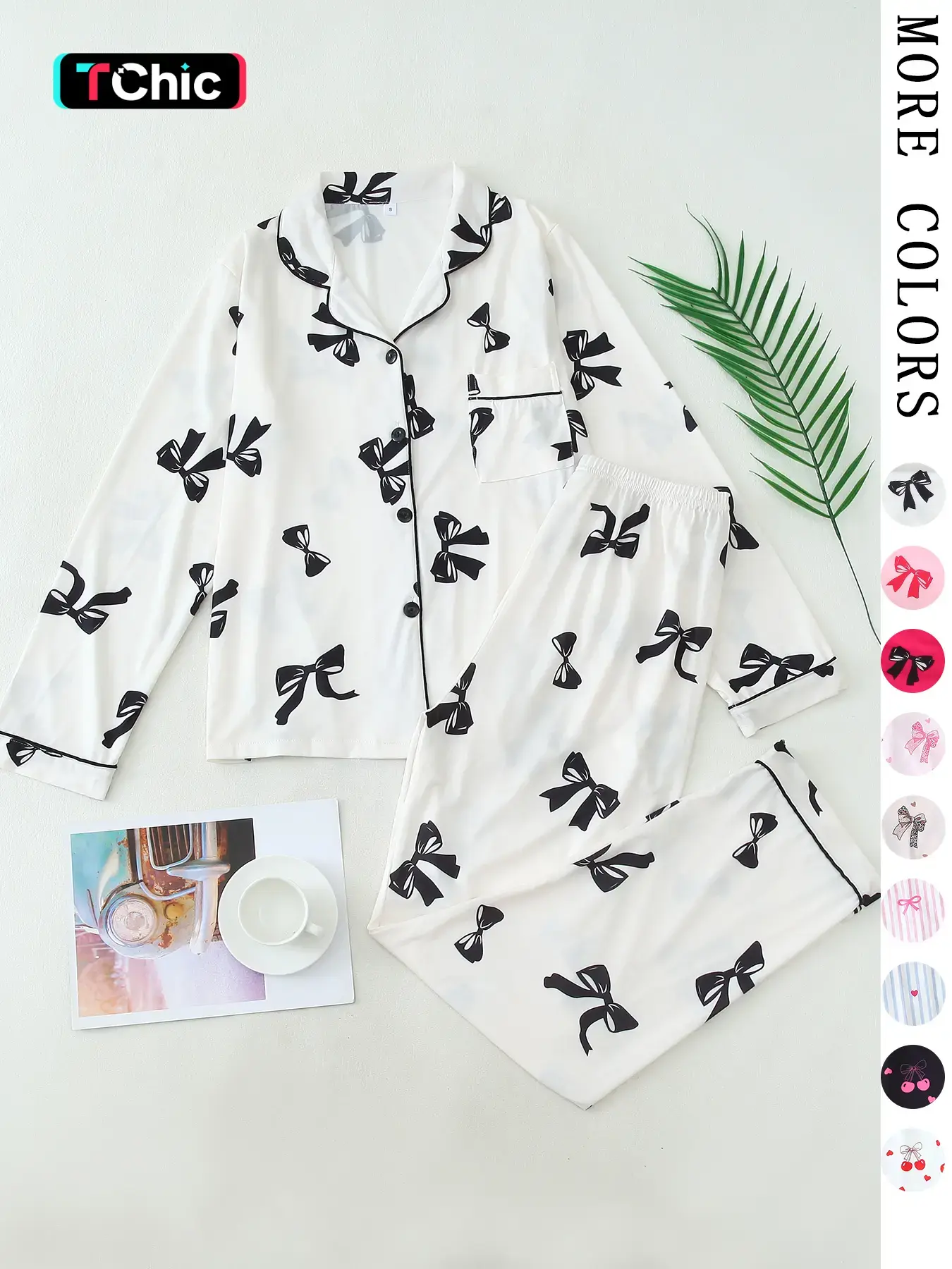 Bow Print Pajama Set, Womenswear, Nightwear, Homewear, French Style Casual Button Down Long Sleeves PJs, Soft 2-Piece Fitted Loungewear Outfit for Women, Perfect Bridal Party & Gift PJ Set, Pajama Lounge Sets