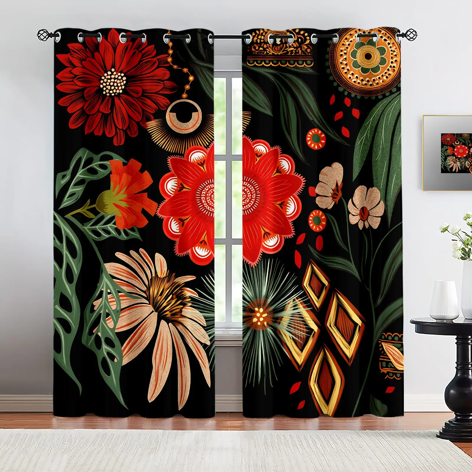 2 Panels Black Red Golden Floral Blackout Curtains, Vintage Boho Wild Flower Art Print Grommet Window Drapes, Machine Washable Light Blocking Curtains for Immersive Sleep, Bedroom Living Room Farmhouse Decor, Home Decoration Curtain