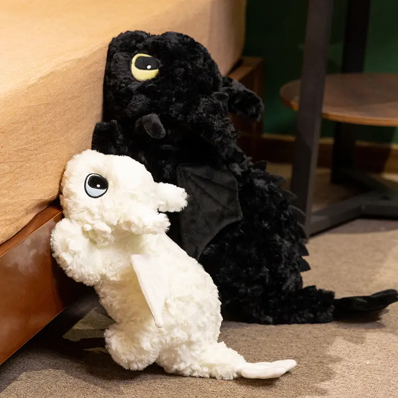 Black & White Flying Dragon Plush Set, Lying Flat Winged Dragon Stuffed Doll, Fluffy Fantasy Creature Pillow, Soft Sleep Companion Toy For Bedroom Decor & Birthday Gift