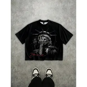 Manfinity EMRG Men's Oversized Distressed Statue Of Liberty Face Print Cropped Boxy T-Shirt, Oversized Crop Printed, Statue Of Liberty Shirt, Emo Casual Streetwear