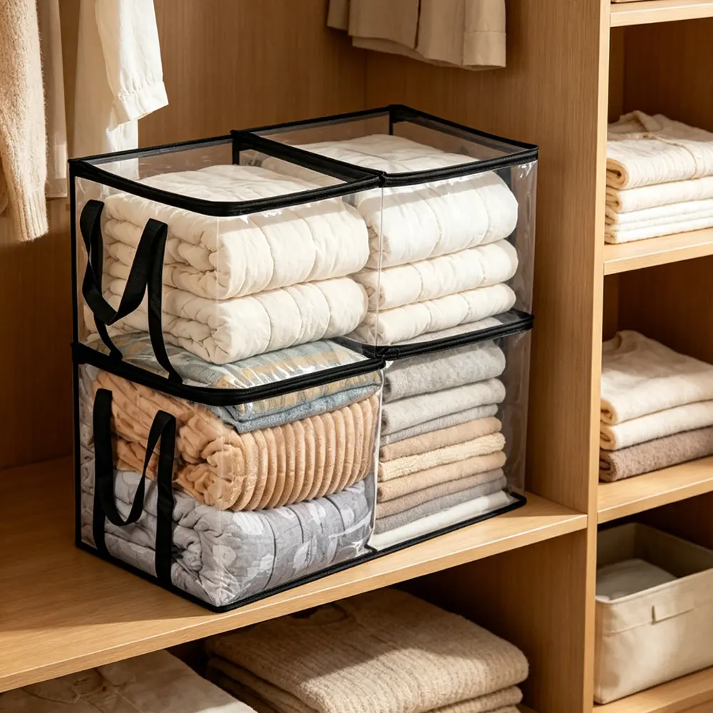 Flip-top transparent zipper storage bag, thickened PVC stackable storage box, heavy-duty storage tote bag with reinforced handle, wardrobe seasonal clothing storage bag, large-capacity household clothing and book office storage box