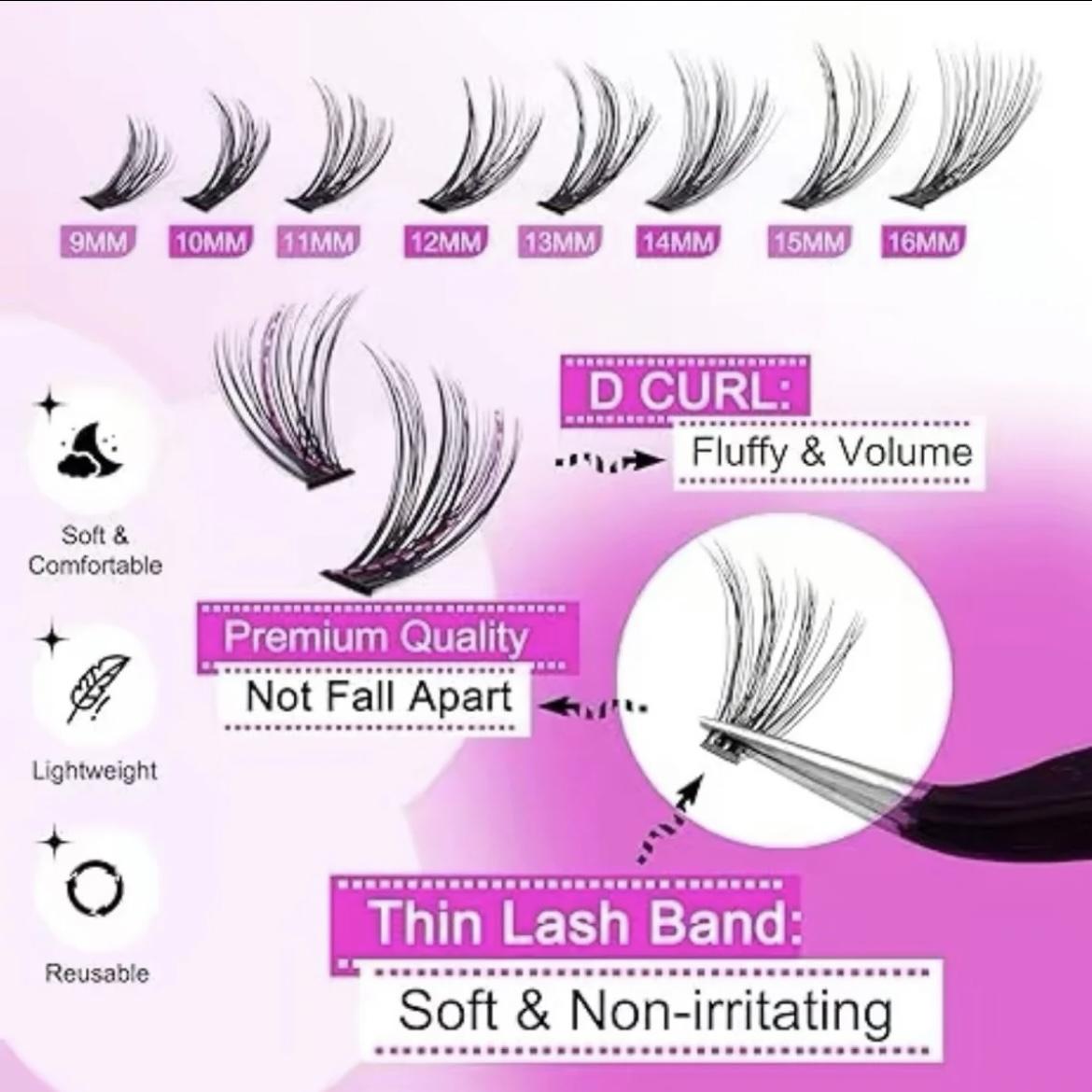 Lash Clusters Kit 320 Pcs 40D Curl Individual False Eyelashes, 9-16mm Mixed DIY Eyelash Extension Kit with Lash Bond & Seal, Eyelash Tweezers, Lash Remover, At Home DIY Lash Extensions Eye Makeup Tool Set