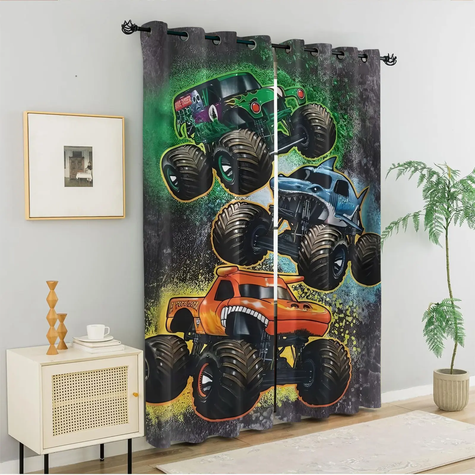 Monster Truck Pattern Curtains, Cool Print Window Curtains, Exciting Racing Vehicle Theme Drapes, 2 Pack, Easy to Hang, Light Blocking, for Boys Bedroom Playroom, Fun Decor Window, Easy Install Curtain