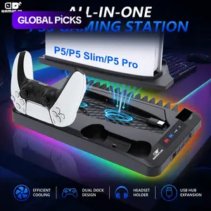 GAMINJA P58 Charging Base Cooling Bracket Compatible With PS5 Console, Vertical Stand Cooling Fan, Multi-functional Cooling & Charging Station for PS5 Slim Pro All Model Universal