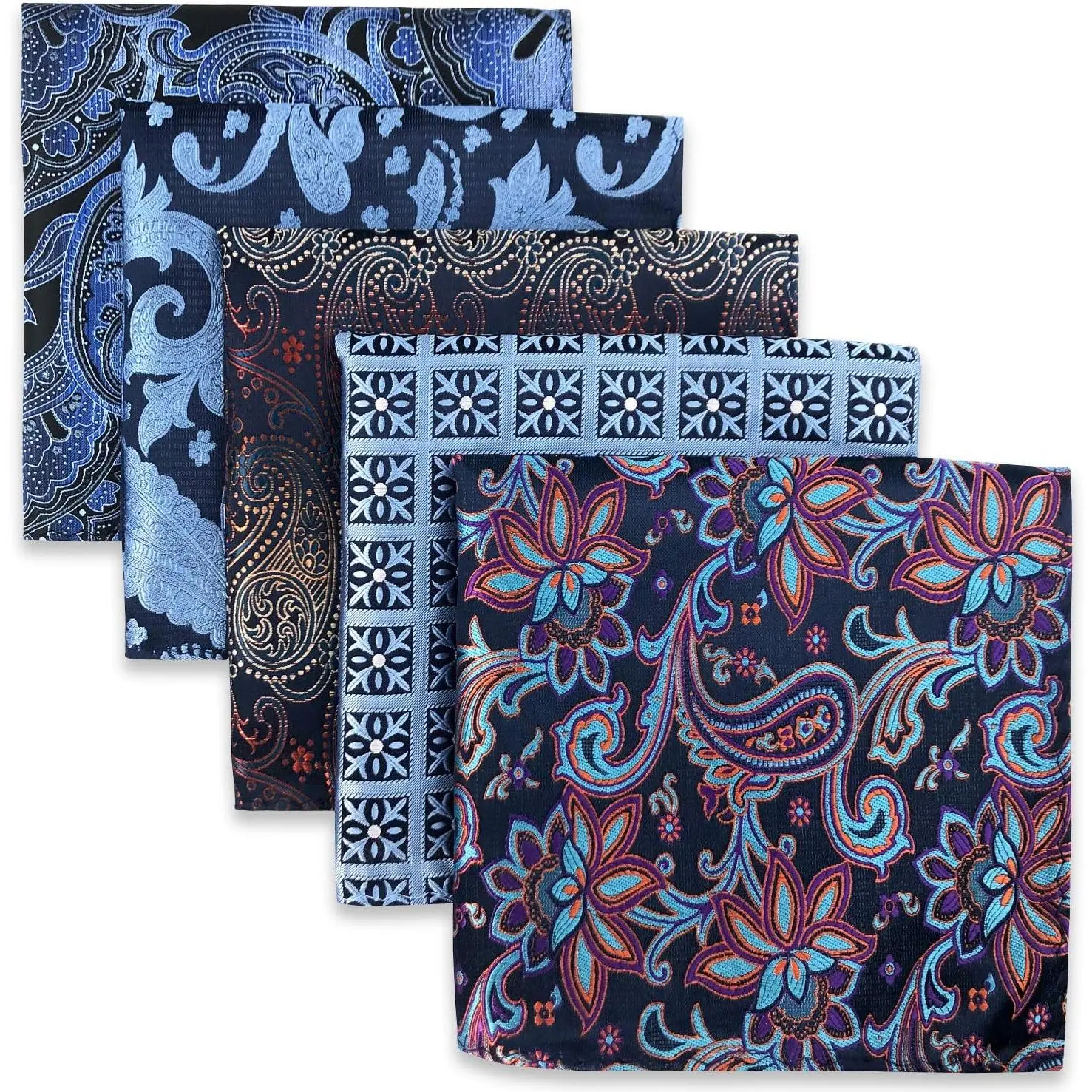 Male Handcrafted Excellent Quality Silk Pocket Square Set - 5 Count Multi-Pattern Handkerchiefs, 12.6x12.6in, Formal Wear Fashion Accessory, Dry Clean Only, Gift Box Included