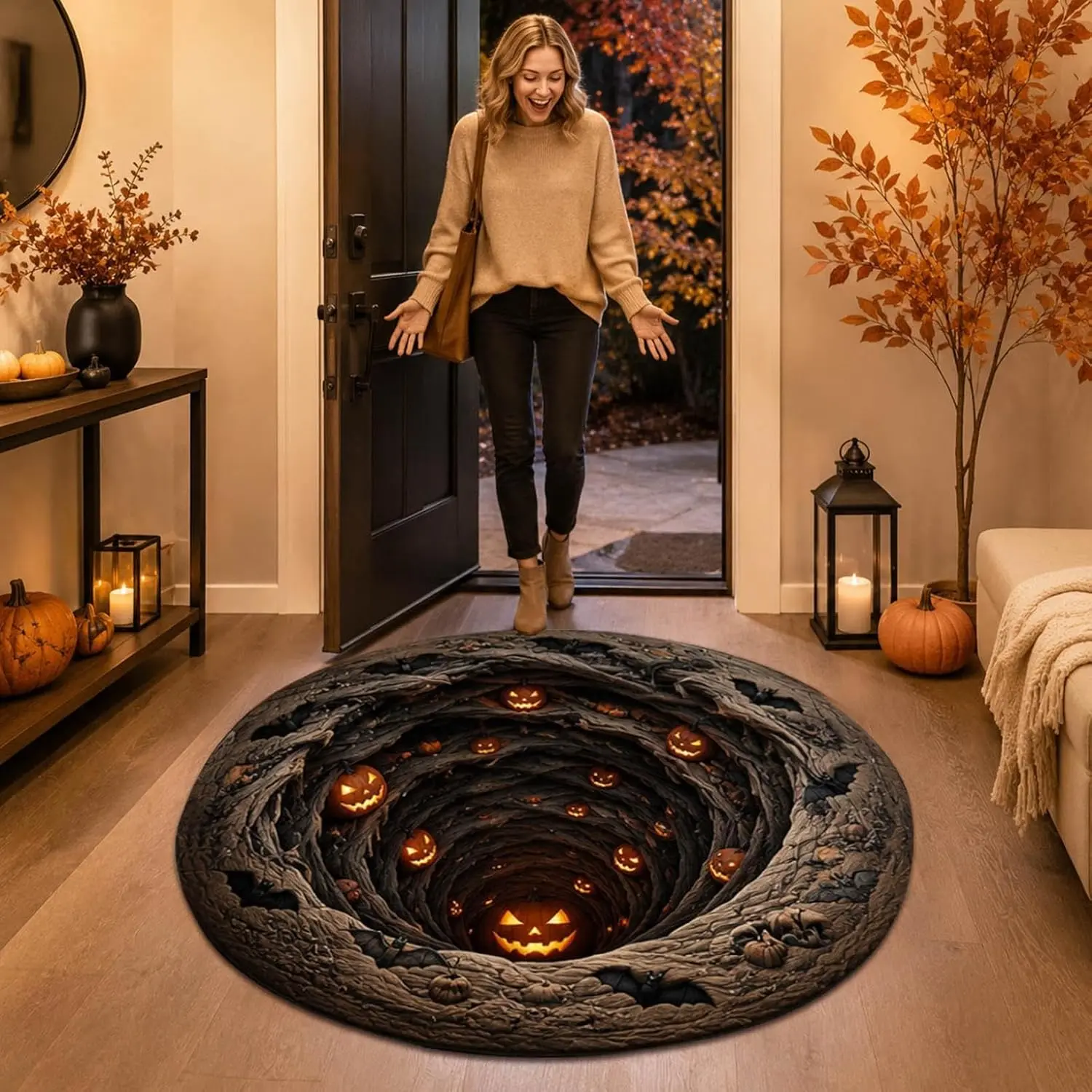 3D Illusion Halloween Round Mat 24in, Funny Rug with Non-Slip Backing, E| 60cm Soft Visual Effect Door Mat for Living Room Indoor Decor