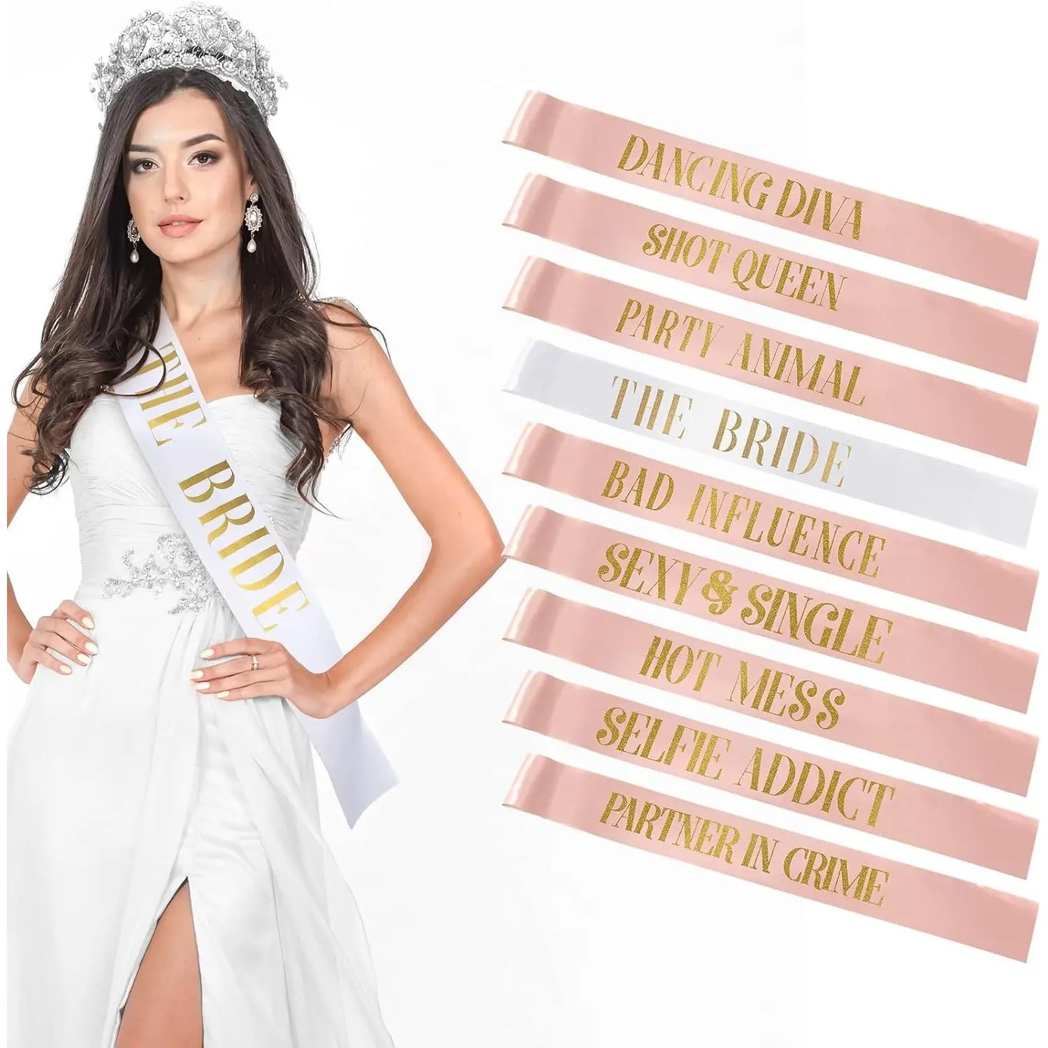 10 Pack Satin Sashes in Rose Gold and White for Bride, Bridesmaid, Maid of Honor – Bachelorette Party, Bridal Shower Decorations & Wedding Photo Props, Bride to Be Sash GiftsGift