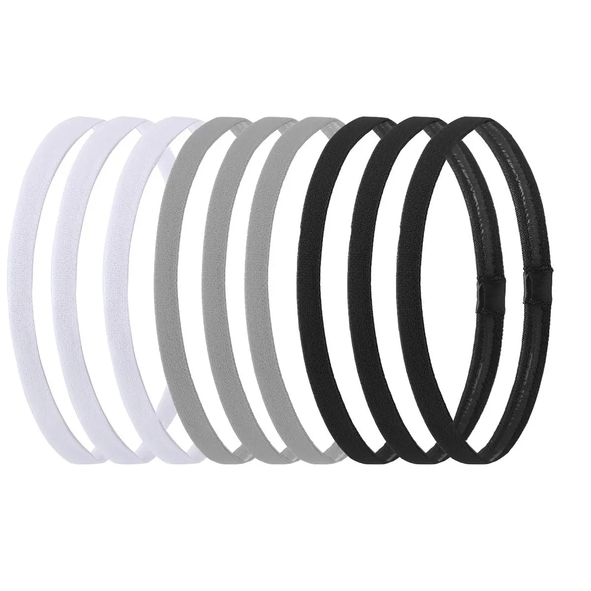 9 count Elastic Thin Headbands, Stretchy Skinny  Athletic Hair Bands for Women Men Girls Boys Teen - Black, White, Gray | athletic black white grey yoga headbands for women men
