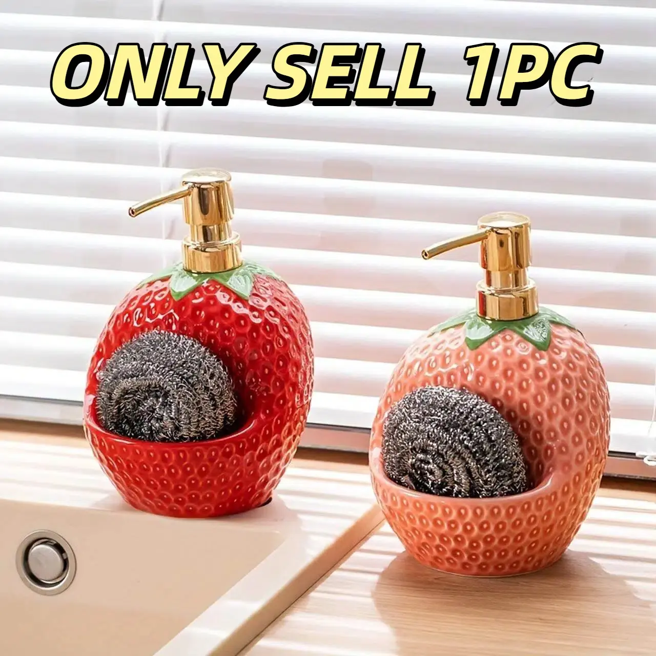 Cute Strawberry Liquid Soap Dispenser Bottle with Storage Slot, Soap Container, Press Type Ceramic Hand Wash Pump for Kitchen Bathroom Use
