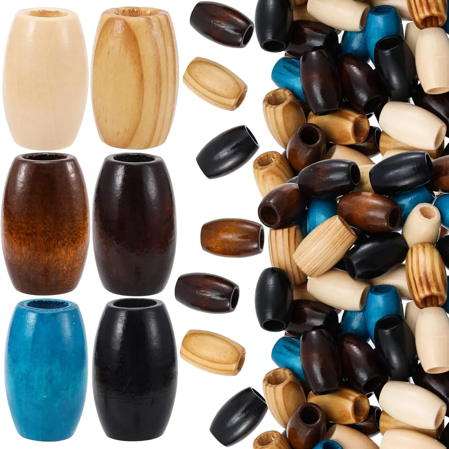 30 Pcs Large Hole Wooden Beads for Crafts, Olive-Shaped Wood Hair Beads with Hole, Macrame Making Kits Supplies Jewelry Bracelet Making Hair DIY Craft Handmade Decor(6 Colors)