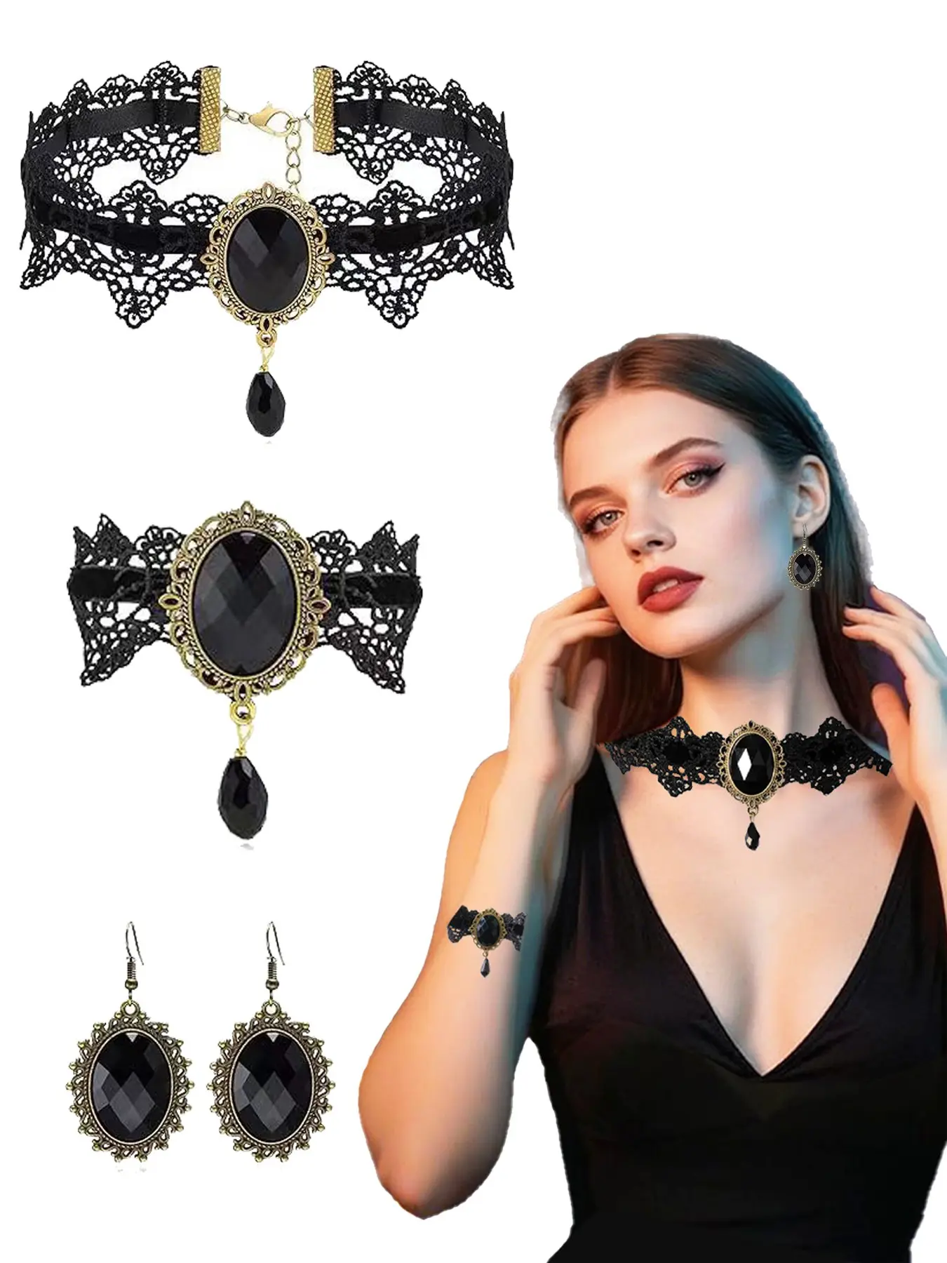Gothic Lace Choker Necklace Earrings Bracelet Set for Women Vintage Lolita Victorian Black Crystal Pendant Necklaces Mysterious Witch Vampire Jewelry Set Halloween Costume Party Cosplay Jewelry Accessories