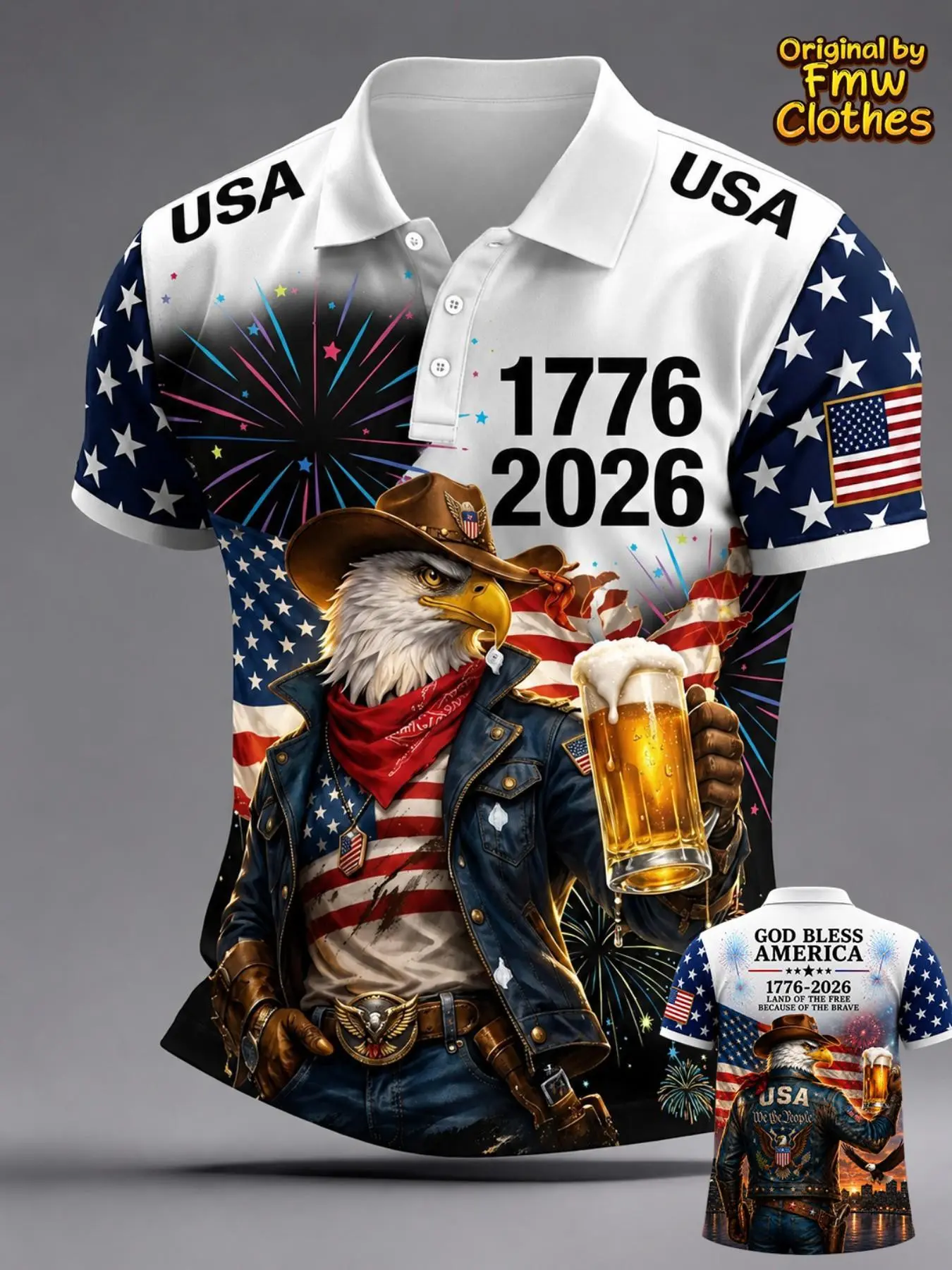 Men's 250th American Independence Day Anniversary Cowboy Eagle Beer Memorial Short Sleeve Shirt, Patriotic Casual Premium Graphic Print Polo Shirts Fitted Polo Top for All Seasons