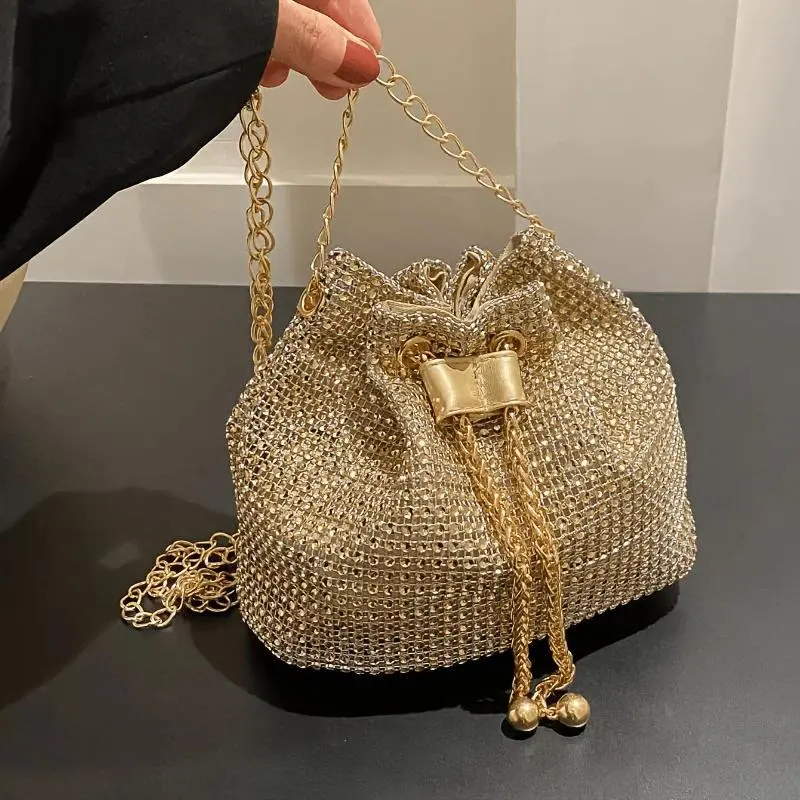 Ladies' shiny drawstring crossbody bag, bucket-shaped handbag, multi-functional, available in 5 colors: green, gold, silver, bla