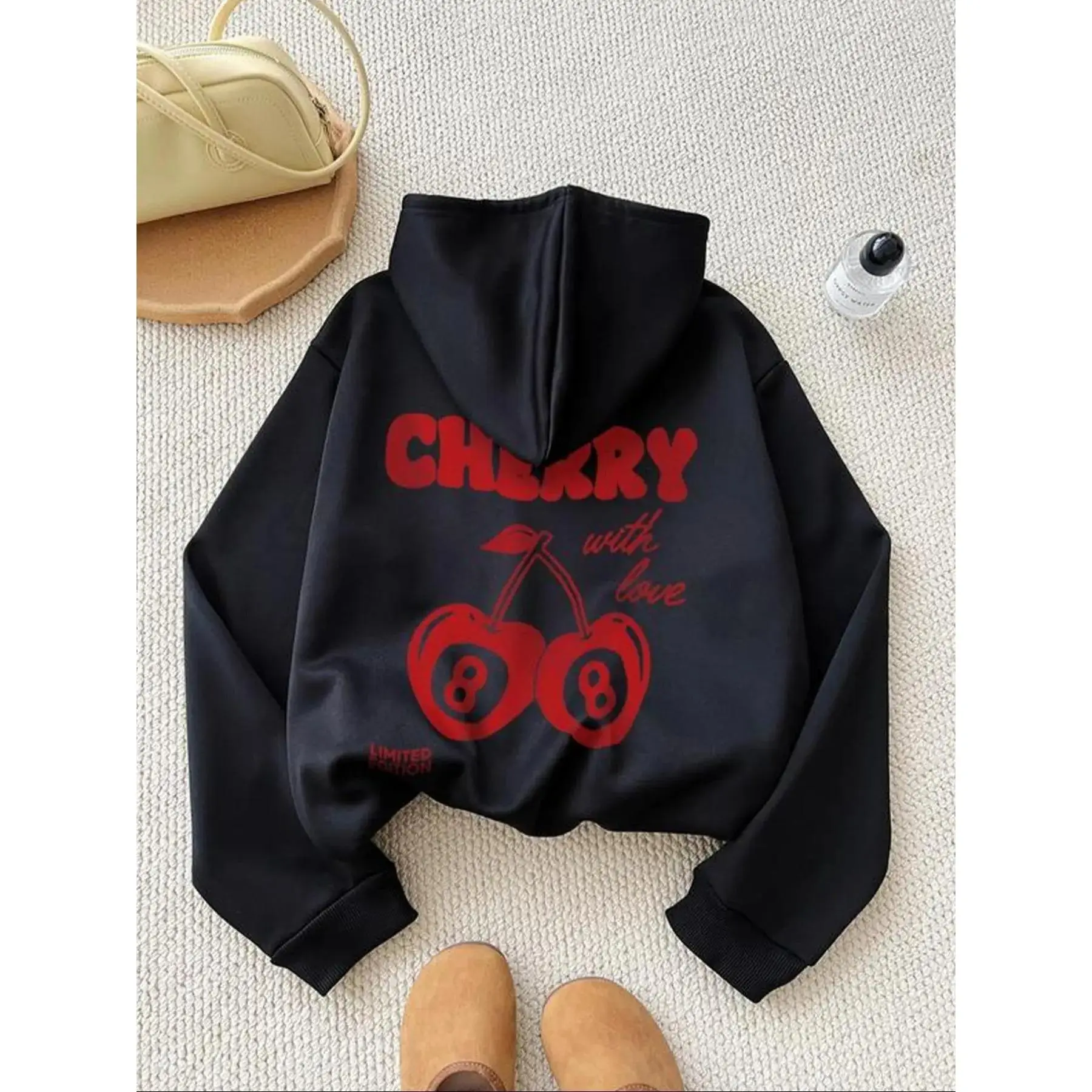 [Plus Size] Cherry & Letter Print Drop Shoulder Hoodie, Fashion Casual Drawstring Hooded Sweatshirt for Daily Holiday Outdoor Wear, Women Clothing for Fall & Winter