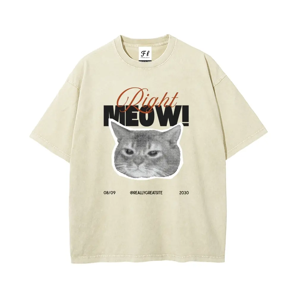 Men's Acid-Washed Pure Cotton Crewneck T-Shirt Retro 'Right Meow' Cat Halftone Print Oversized Relaxed Fit Medium Length Casual Unisex Top, Unisex Sizes, Aesthetic, Streetwear, Baggy, Short