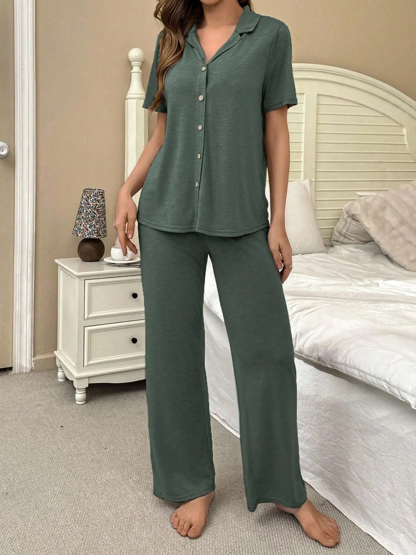 Women's Comfortable Cotton Loungewear Pajamas, Solid Color Short Sleeve Open Front Top and Long Pants, Wearable at Home, Cozy Sleepwear Set