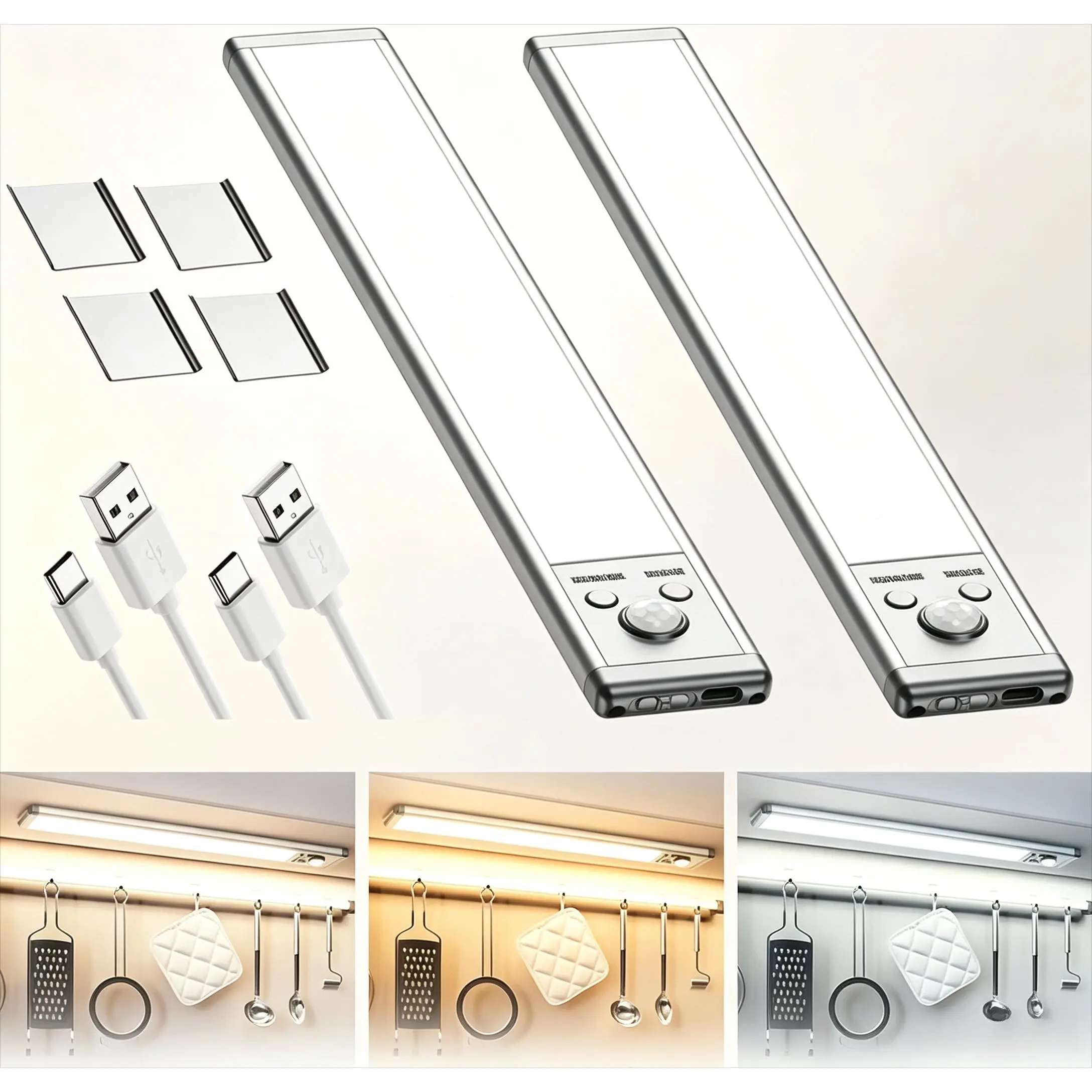 Home Supplies 2Pcs Wireless Under Cabinet Motion Sensor LED Lights - 1500mAh USB-C Fast Rechargeable, 18s Auto Off, Dimmable, No Drill Magnetic-Metal Mount, Natural Light Warm White Lamp for Kitchen, Stairs, Led Lights Bedroom, Led Lamp