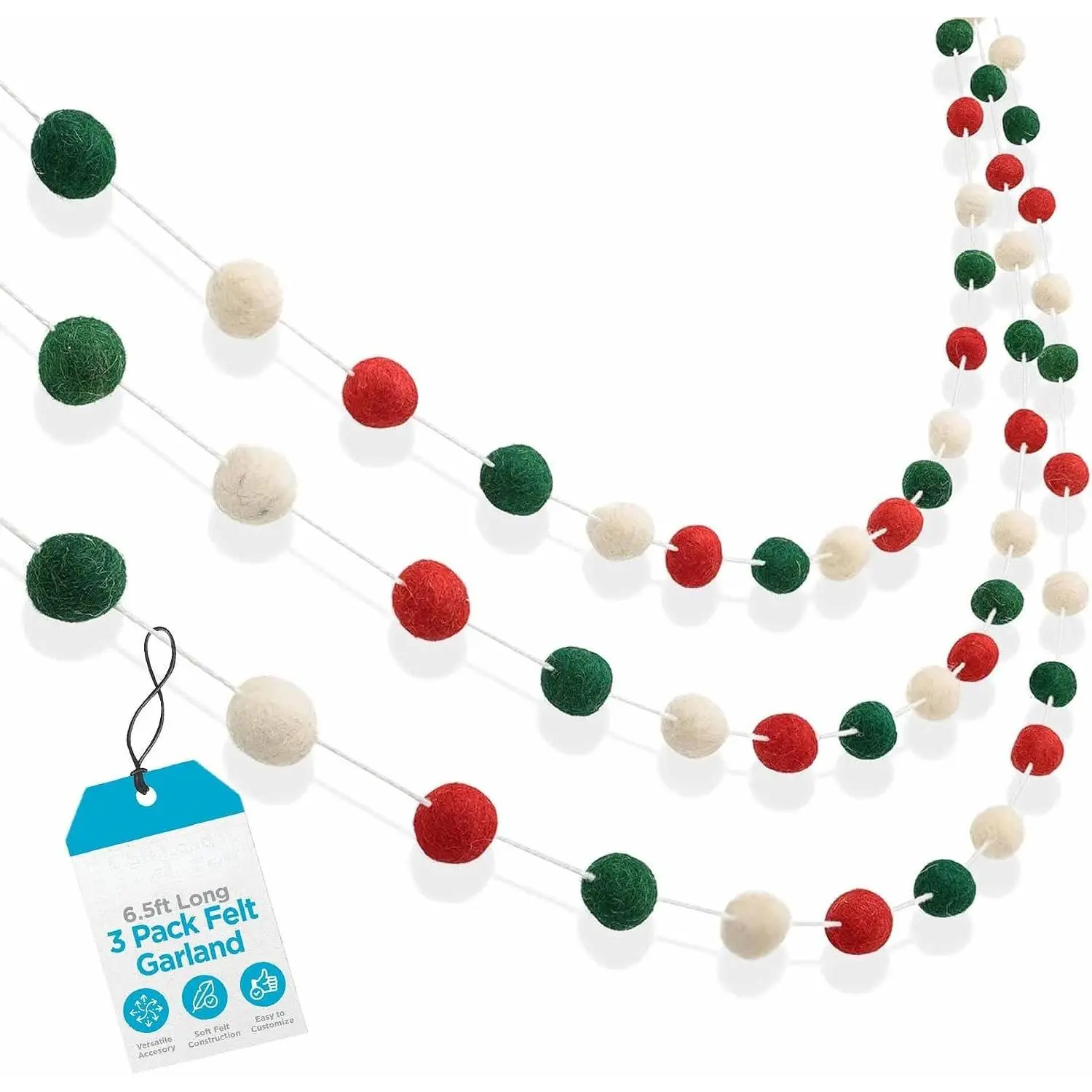 3-Pack Modern Whimsical Felt Garland - 6.5 ft (78 in) Long Christmas Decor, 24 Red White Green Pom Pom Balls, Easy Custom Wall Decor for Trees, Fireplace Mantels