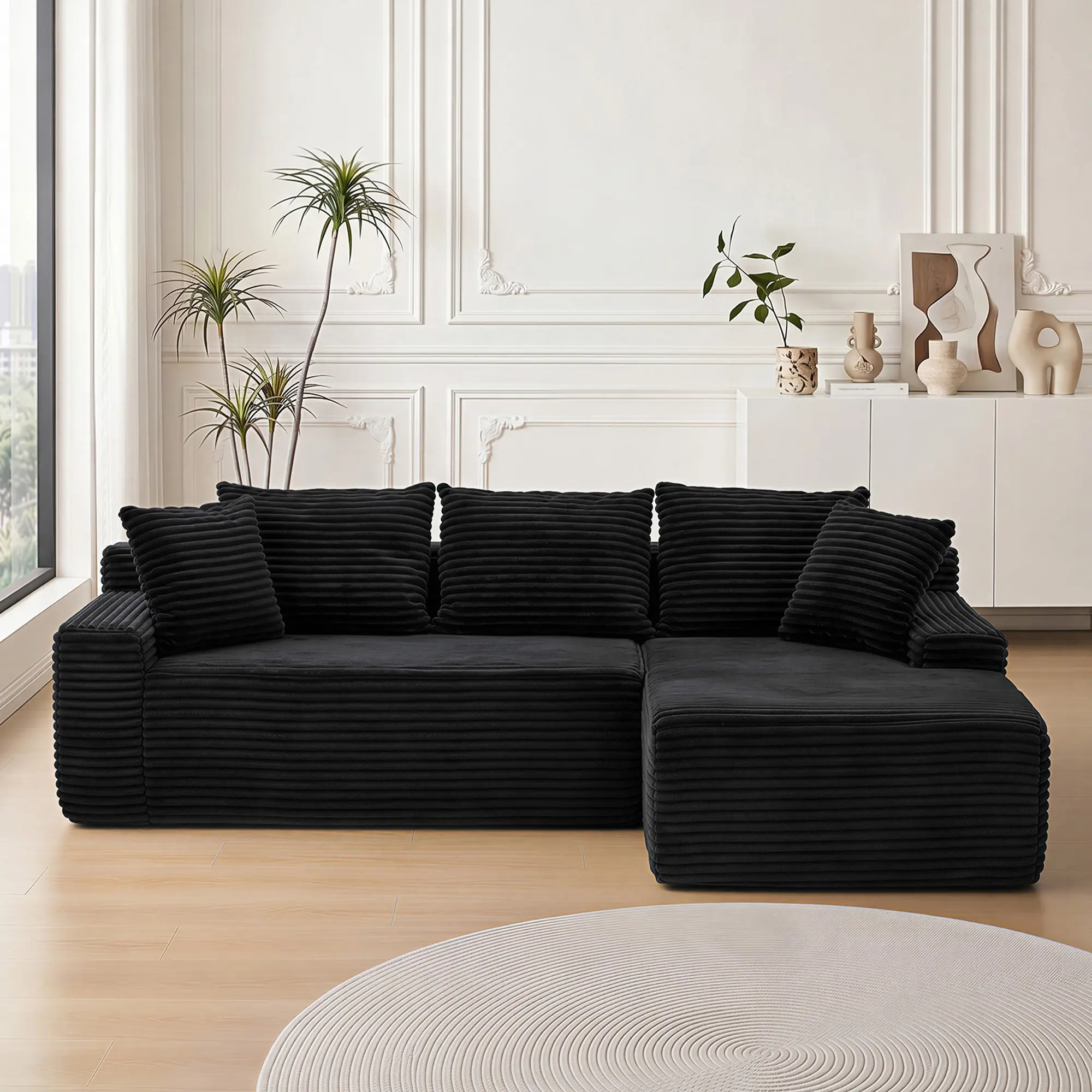 95" L-Shape Modular Cloud Sectional Sofa for Living Room, 4-Seat Corduroy Upholstered Boneless Couch with Chaise, Armless Pillow Back, Foam-Spring Cushions, Side Pockets, Medium-Soft Comfort, Black