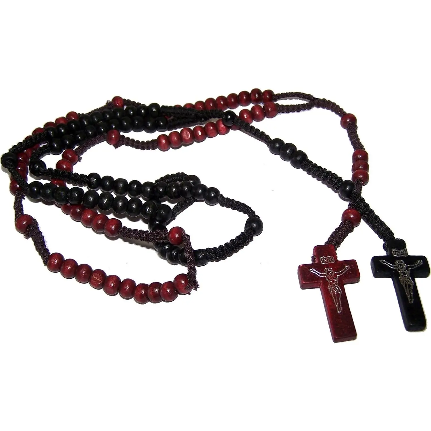 Wooden Beads Rosary Necklace 2-Pack for Men, Black and Maroon with Imprint Medallion and Braided Cord, 24 Inch, Casual/Religious, Rosary Shape, Beaded, Imprinted Medallion, Strong Braid, Meaningful Gifts, 2 Rosaries