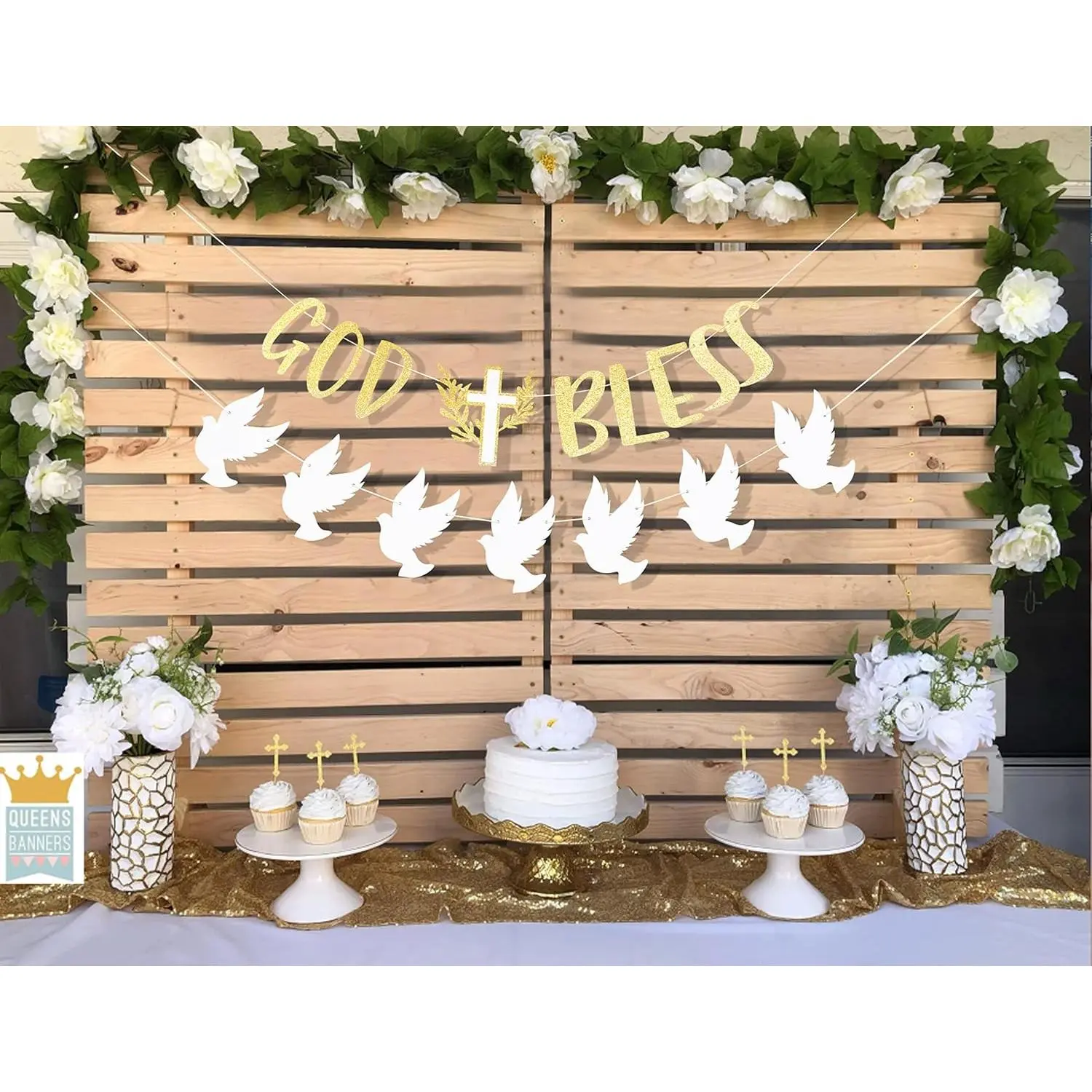Modern Plastic God Bless Decorations - 2-Piece Baptism & First Communion Banners, Glitter Finish Garlands with Letters and Doves for Boys/Girls, Two Pieces