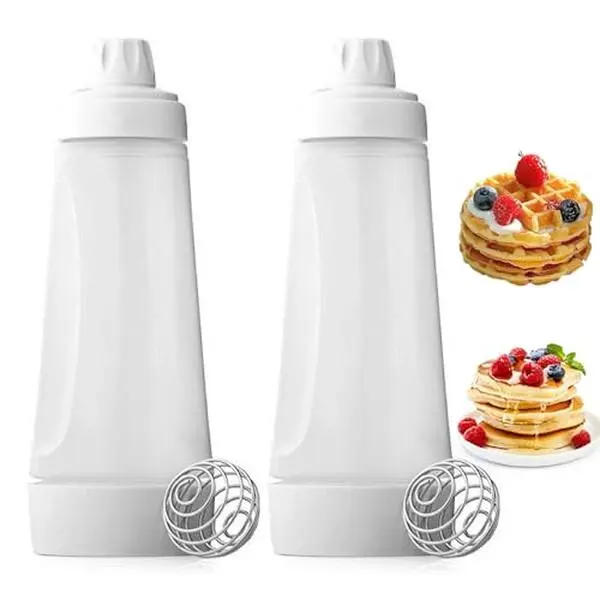 2 Pack Pancake Batter Dispenser,Pancake Batter Dispenser Bottle with Whisk Ball & Stand Base,Batter Mixer and Dispenser,Kitchen Baking Tool for Cupcakes,Muffins,Crepes,Waffle