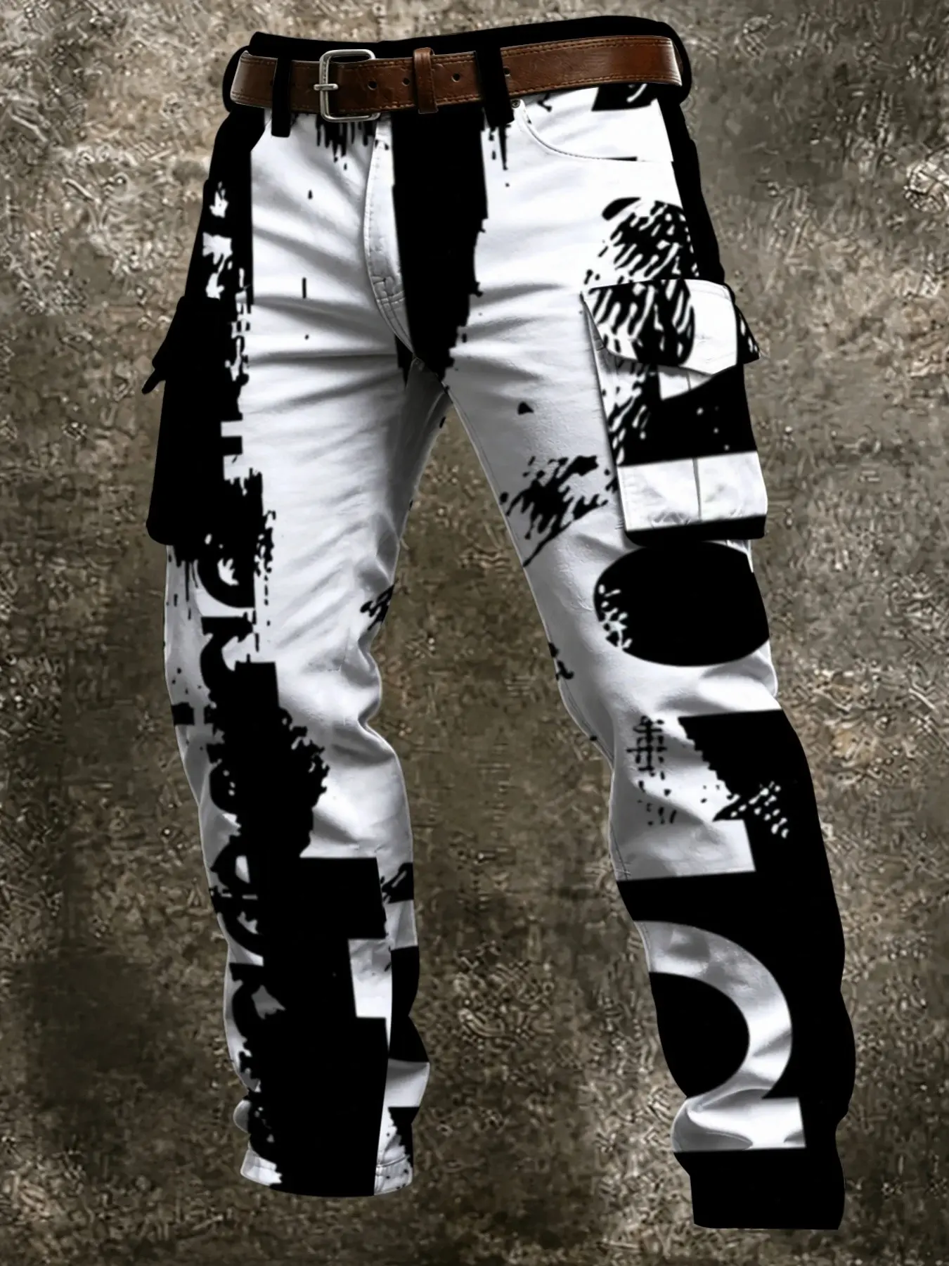 New Base Ink Splatter Giant and Broken Letter Spray Paint Graffiti Full Print Work Pants, American High Street Cool Letter Print