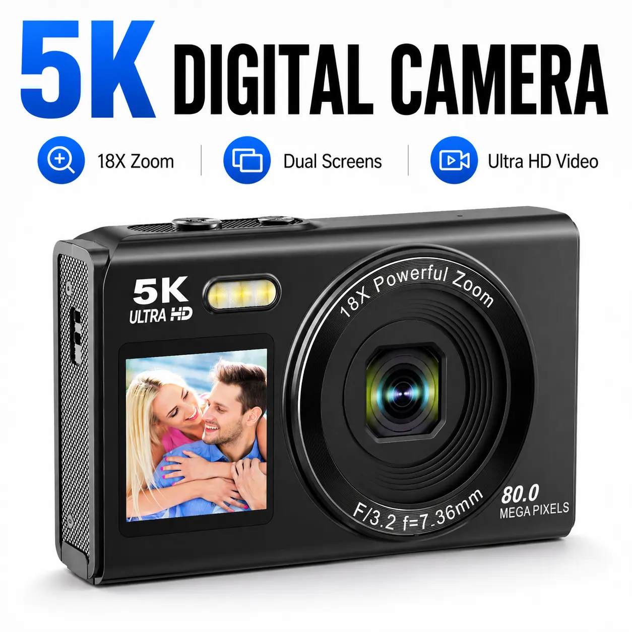 5K Digital Camera for Photography & Vlogging with Flip Dual Screens, 18X Digital Zoom and Ultra HD Video Recording, Beginner-Friendly Compact Camera Kit with 32GB Memory Card, Extra Batteries and Accessories for Travel, Selfies and Everyday Content Creati