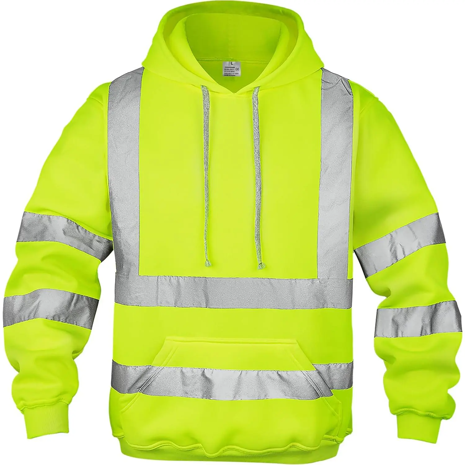 Men's Class 3 Hi Vis Reflective Hoodie with H-Back Stripes, Hand-Warmers, Polyester Fleece Fabric - Breathable Construction Work Pullover Sweatshirt with Pockets, Visibility Boost