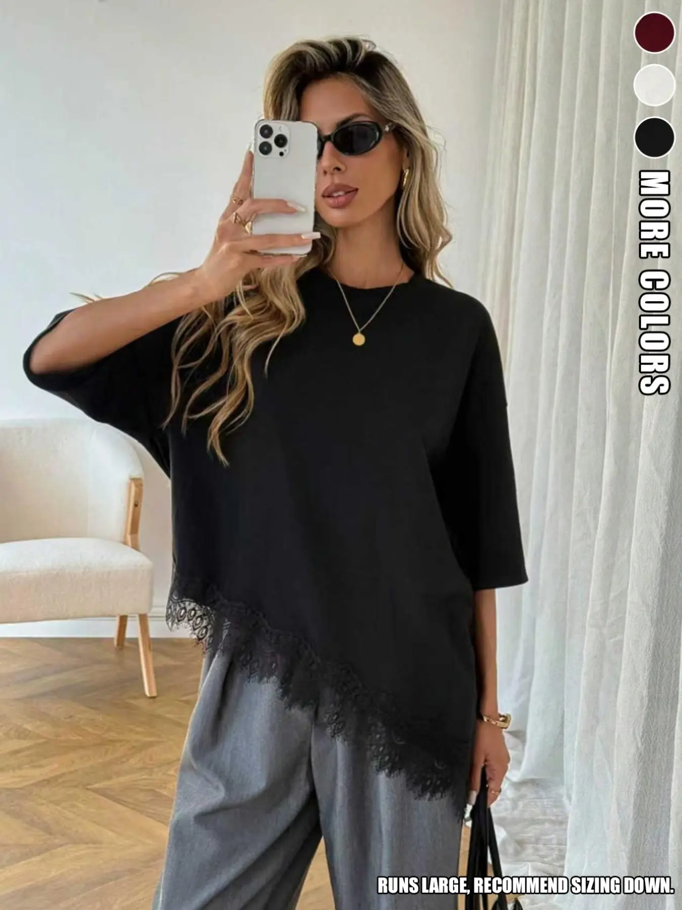 Summer Knitted Round Neck Short Sleeve Top, Baggy Oversized Loose Fit Asymmetrical Hem Lace Trim, Soft Breathable Women's Casual Shirt